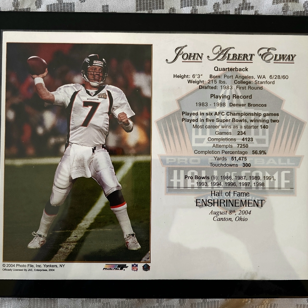 John Albert Elway Hall of Fame Enshrinement Plaque Collectable